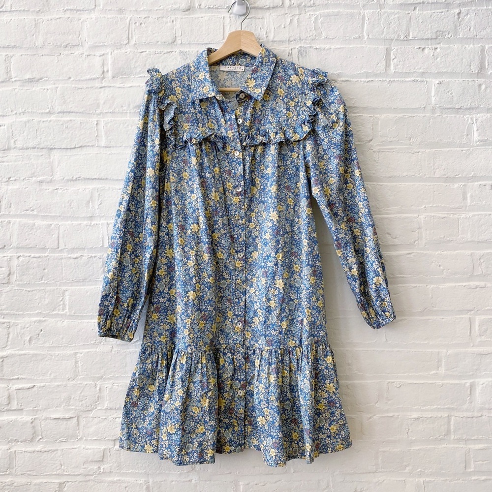 Calista || Floral Cotton Shirt Dress Mini Blue Small‎ NWT
